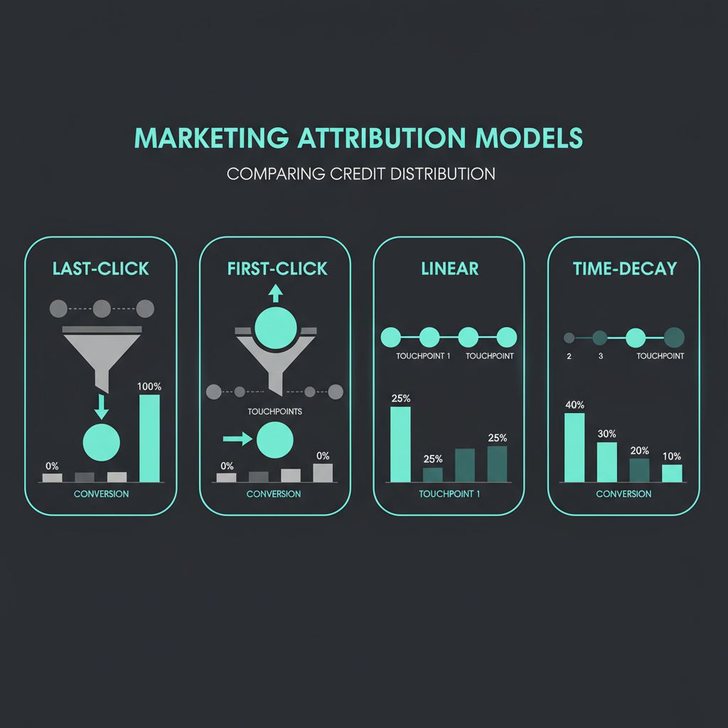 Marketing attribution models comparison showing last-click, first-click, linear, and time-decay models with credit distribution