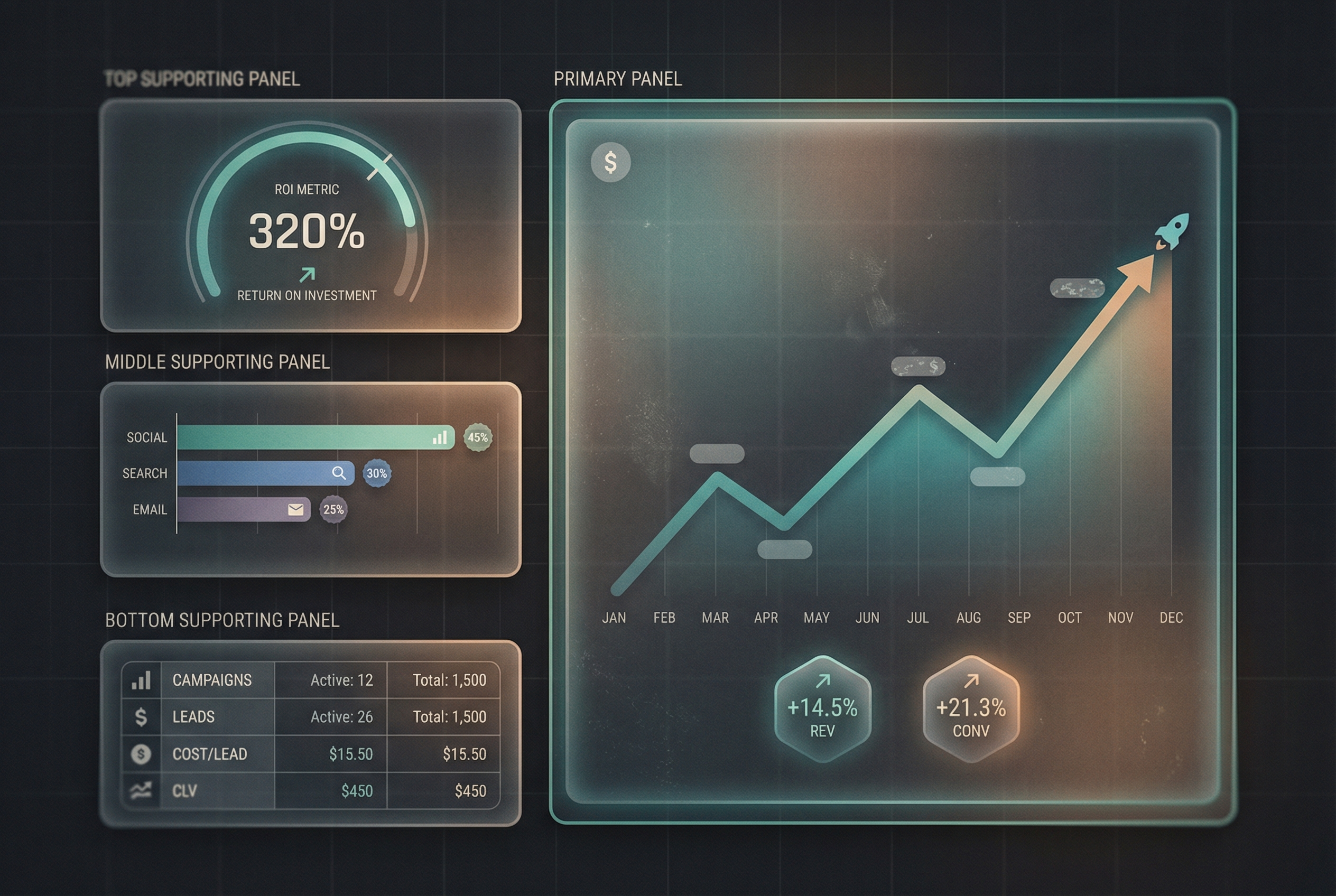 Marketing analytics dashboard with KPI charts, conversion graphs, and data visualization elements showing ROI metrics