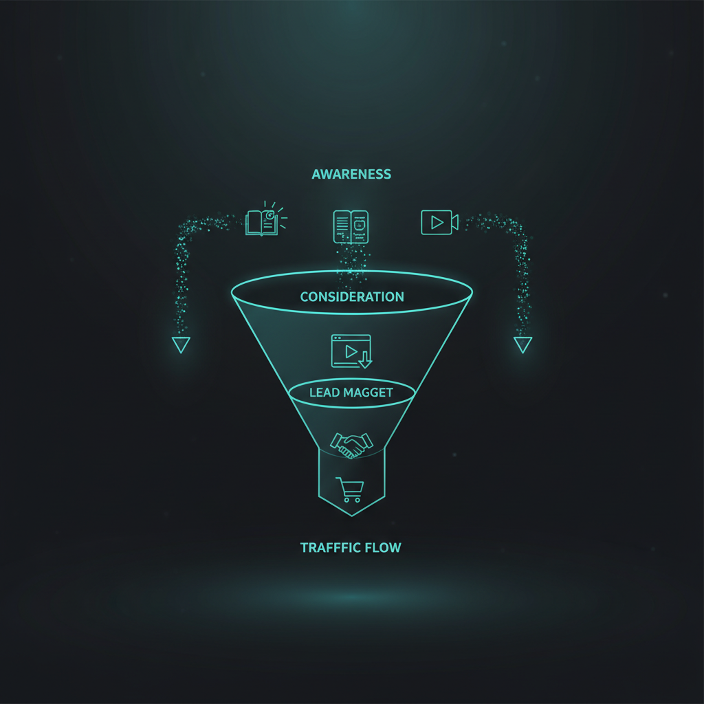 Content marketing funnel visualization showing the journey from awareness through consideration to conversion with content types at each stage