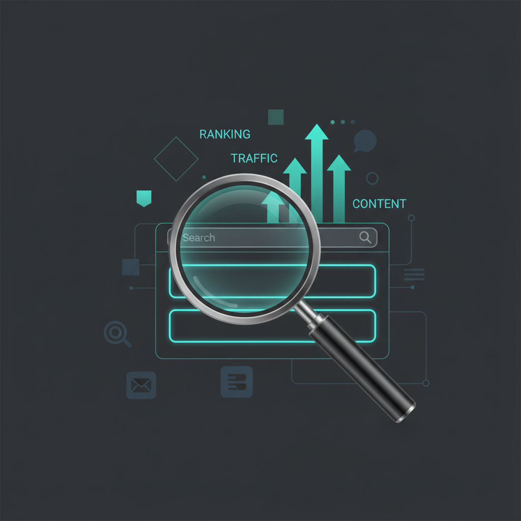 SEO fundamentals concept illustration showing a magnifying glass examining search engine results with keywords and ranking arrows