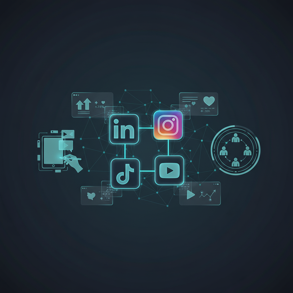 Social media marketing visualization showing interconnected platform icons with engagement metrics and community building elements