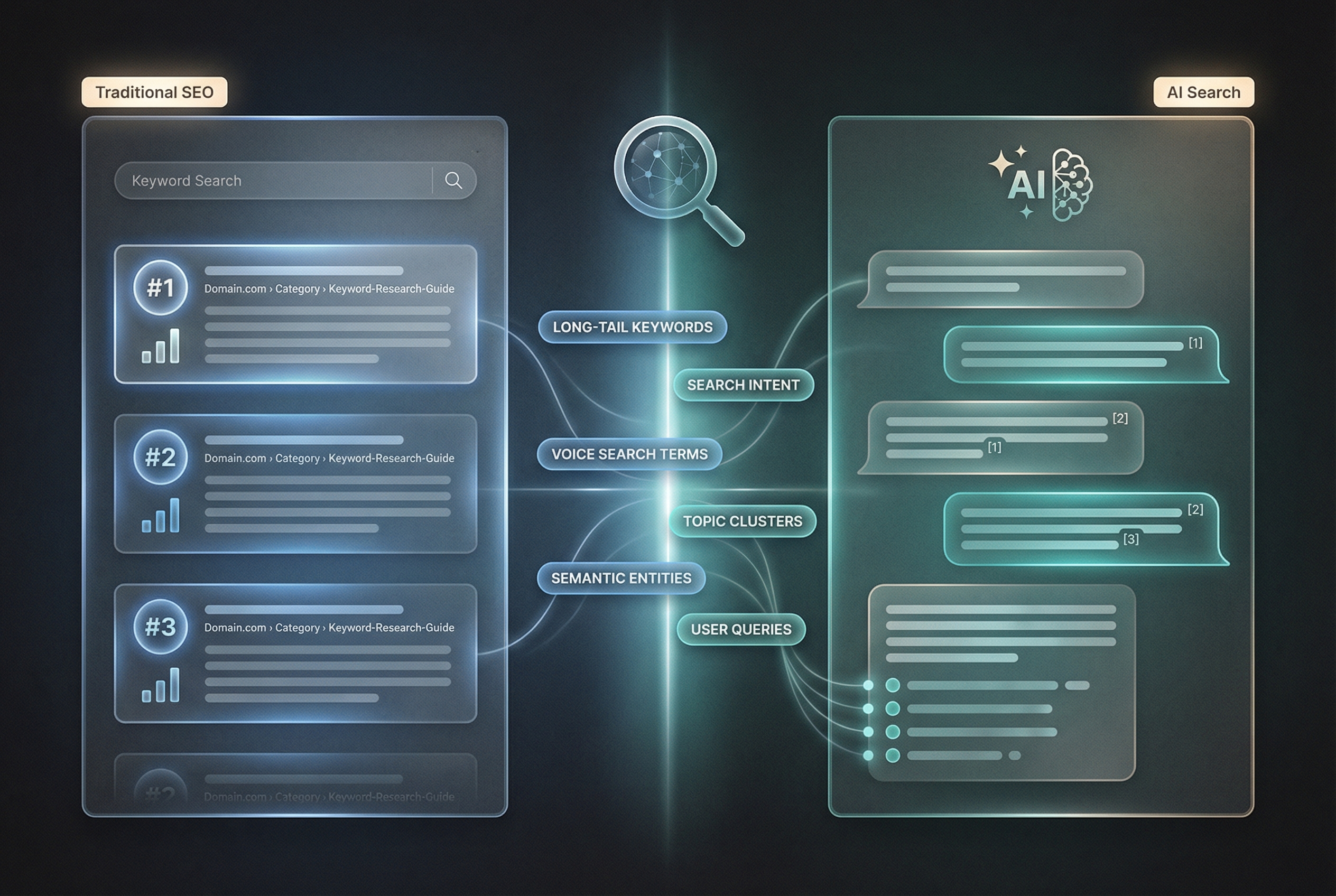 Keyword research visualization showing split comparison between Traditional SEO with ranking positions and AI Search with citation markers, connected by keyword discovery elements including long-tail keywords, search intent, topic clusters, and semantic entities